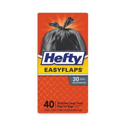 Hefty Easy Flaps Trash Bags, 30 gal, 1.05 mil, 30" x 33", Black, 40/Box