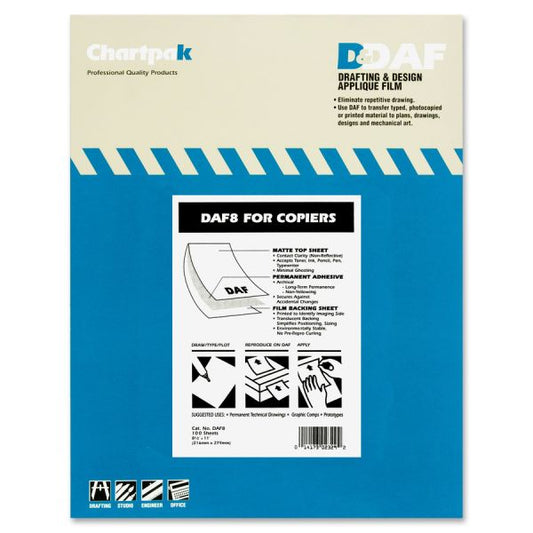 Chartpak 1.5 mil Applique Drafting Film 8.50" x 11" - Clear - Self-Adhesive - 100 Sheets/ Box