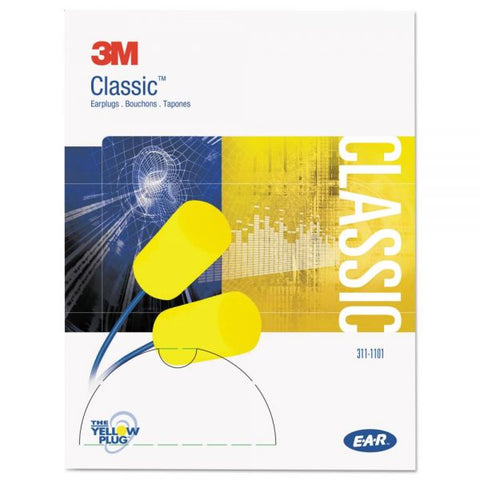 3M E-A-R Classic Earplugs, Corded, PVC Foam, Yellow, 200 Pairs/Box