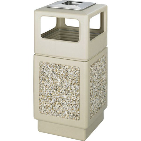 Safco Plastic/Stone Aggregate Receptacles 18.25" x 18.25" x 39.25" - 38 Gallon Capacity - Polyethylene, Stainless Steel - Tan, Stone