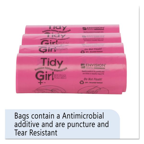 Tidy Girl Feminine Hygiene Sanitary Disposal Bags, 4" x 10", Pink/Black, 150 Bags/Roll, 4 Rolls/Carton