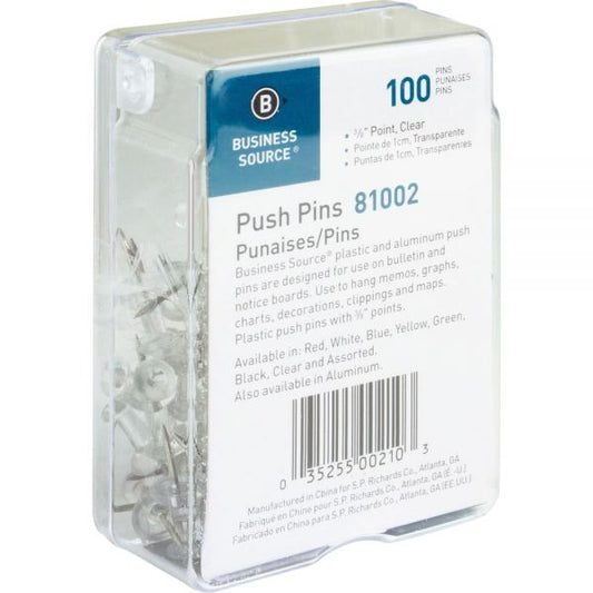 Business Source 1/2" Head Push Pins 0.50" Head - 100 / Box - Clear