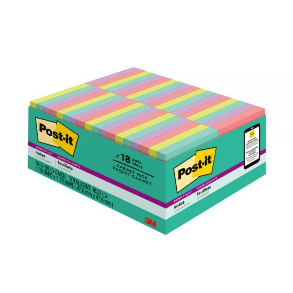 Post-it Super Sticky Notes, 1-7/8" x 1-7/8", Supernova Neons Collection, 90 Sheets Per Pad, Pack Of 18 Pads