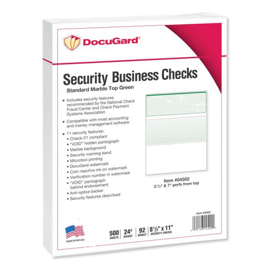 DocuGard Standard Security Check, 8 1/2 x 11, Green Marble Top, 11 Features, 500 Sheets/Ream