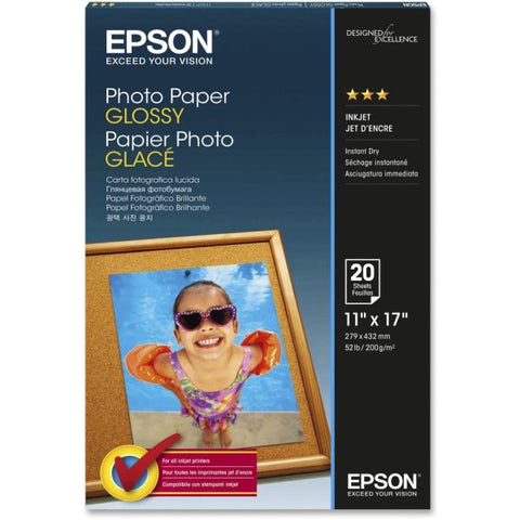 Epson Glossy Photo Paper, 9.4 mil, 11 x 17, Glossy White, 20/Pack