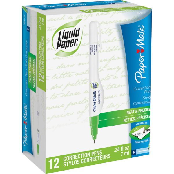 Paper Mate Liquid Paper All-purpose Correction Pen 7 mL - Double Ball Tip, Fast-drying, Pocket Clip - 12 / Box