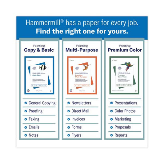 Hammermill Copy Plus Print Paper, 92 Bright, 20 lb Bond Weight, 8.5 x 11, White, 500 Sheets/Ream, 5 Reams/Carton 92 Brightness - Letter - 8 1/2" x 11" - 20 lb Basis Weight - 75 g/m&#178; Grammage - 5 / Carton - Acid-free, ColorLok Technology, Jam-free