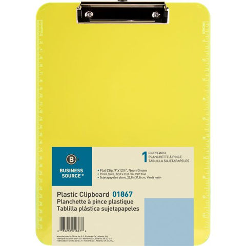 Business Source Transparent Plastic Clipboard 9" x 12" - Plastic - Neon Green - 1 Each