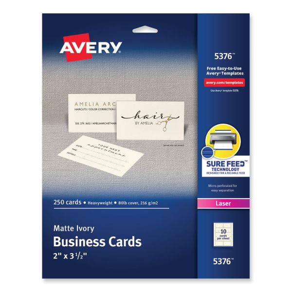 Avery Printable Microperforated Business Cards w/Sure Feed Technology, Laser, 2 x 3.5, Ivory, 250 Cards, 10/Sheet, 25 Sheets/Pack