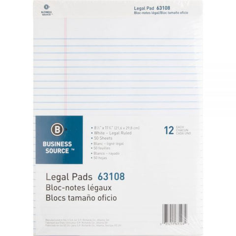 Business Source Letter-Size Legal Pads 8.50" x 11.75" - Wide Ruled - Perforated - 50 Sheets/ Pad - 12 Pads - White