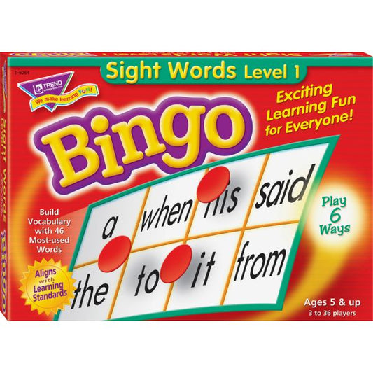 Sight Words Level 1 Bingo Game 36 Cards - 264 Chips - Caller's Mat & Cards - Recommended Age 5+