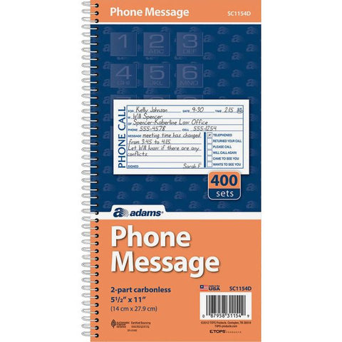 Adams Spiral Bound Phone Message Books 400 Sheet(s) - Spiral Bound - 2 Part - 5.25" x 11" Sheet Size - Assorted Sheet(s) - Recycled - 1 Each