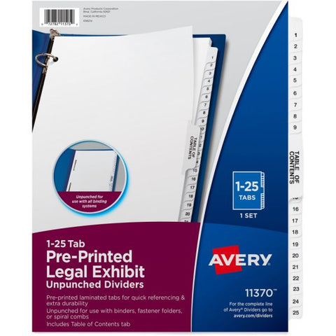 Avery Preprinted Legal Exhibit Side Tab Index Dividers, Avery Style, 25-Tab, 1 to 25, 11 x 8.5, White, 1 Set