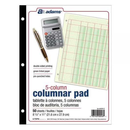 Adams Analysis Pad, 8 1/2" x 11", 100 Pages (50 Sheets), 5 Columns, Green