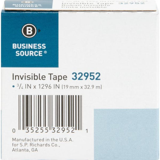 Business Source Premium Invisible Tape Refill, 3/4" x 1296", 1" Core, 1 Each 0.75" x 108 ft - 1" Core - Writable Surface - 1 Roll - Clear