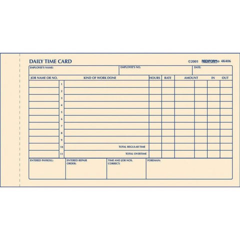 Rediform Daily Employee Time Cards, Two Sides, 4.25 x 7, 100/Pad