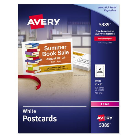 Avery Printable Postcards, Laser, 80 lb, 4 x 6, Uncoated White, 100 Cards, 2/Cards/Sheet, 50 Sheets/Box