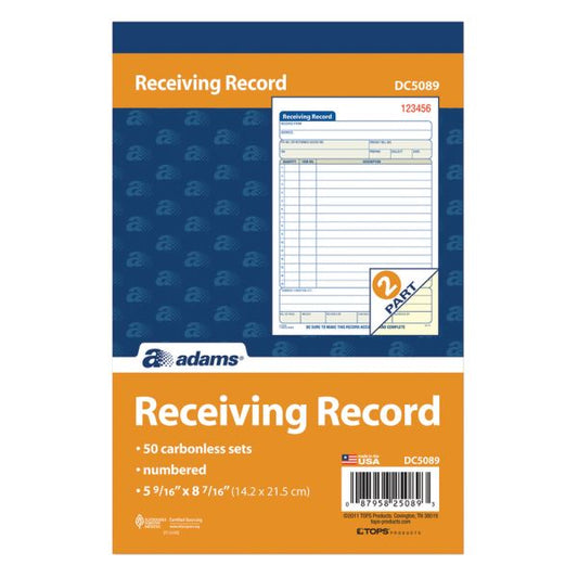 Adams Carbonless Receiving Record Book 50 Sheet(s) - 2 Part - Yes - 8.43" x 5.56" Sheet Size - 1 Each