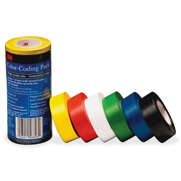 3M Vinyl Tape 764 Color-coding Pack 21.87 yd Length x 0.94" Width - 5 mil Thickness - Rubber - 4 mil - Polyvinyl Chloride (PVC) Backing - 6 / Pack - Multicolor