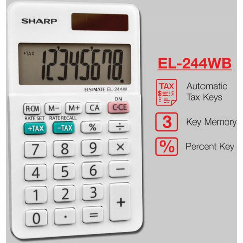 Sharp EL-244WB 8 Digit Professional Pocket Calculator Extra Large Display, Durable, Rubber Key, Dual Power, 3-Key Memory, Automatic Power Down - 8 Digits - LCD - White - 1 Each