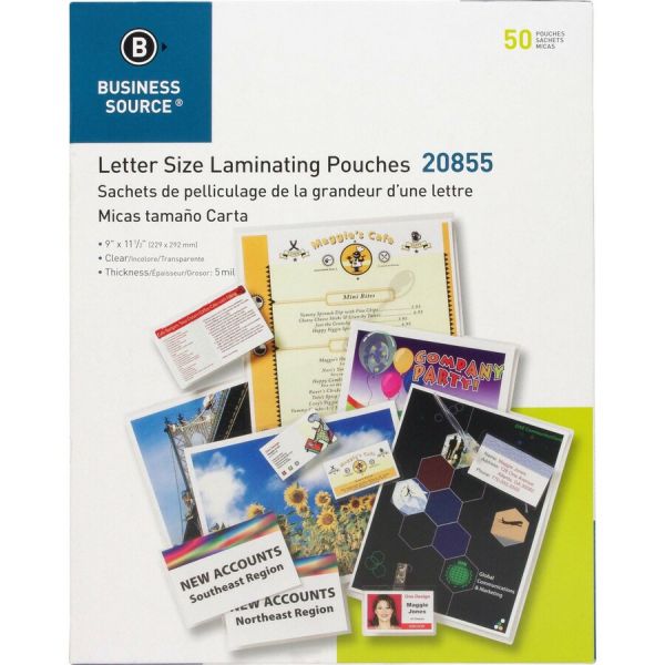 Business Source Letter Size Laminating Pouches 9" x 11 1/2" - 5 mil Thickness - Clear - 50/ Box