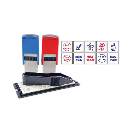 Trodat Printy 10-in-1 Self-Inking Teacher Stamp, Incudes 10 Dies, 0.63" Diameter, Blue/Red