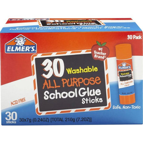 Elmer's Washable School Glue Sticks, 0.24 oz, Applies and Dries Clear, 30/Box