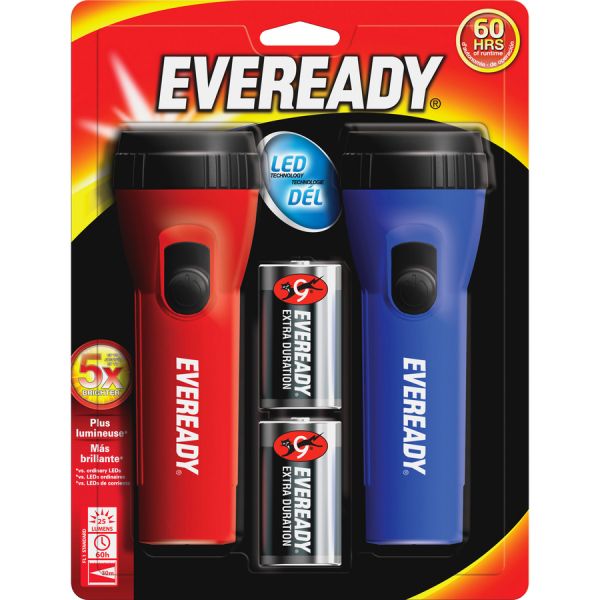 Eveready LED Economy Flashlight, Red/Blue, 2/Pack