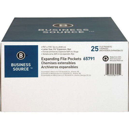 Business Source Redrope Expanding File Pockets Letter Size - Straight Tab Cut - 3 1/2" Expansion - Redrope Stock - Redrope - 25/ Box