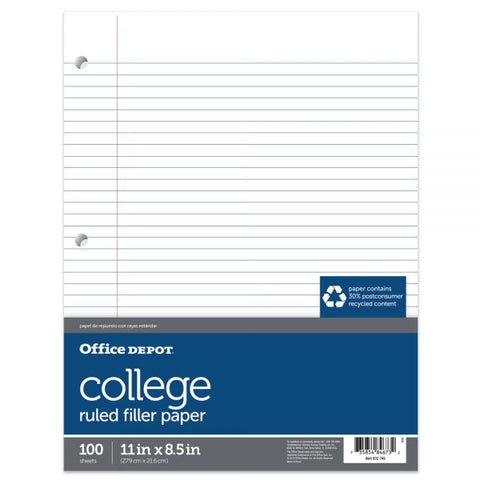 College-Ruled Notebook Filler Paper, 3-Hole Punched, 11" x 8 1/2", 100 Sheets