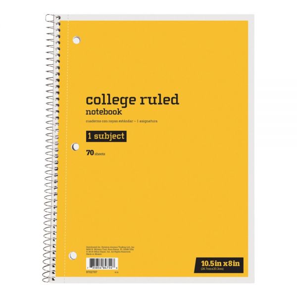 Just Basics Spiral Notebook, 8" x 10-1/2", 1 Subject, College Ruled, 70 Sheets, Yellow