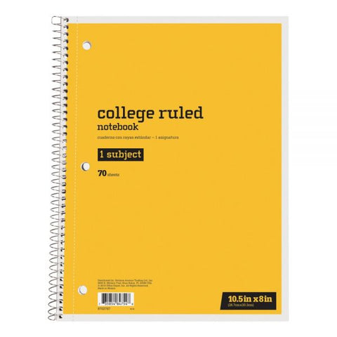 Just Basics Spiral Notebook, 8" x 10-1/2", 1 Subject, College Ruled, 70 Sheets, Yellow