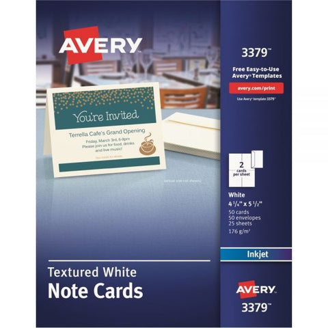 Avery Note Cards with Matching Envelopes, Inkjet, 65lb, 4.25 x 5.5, Textured Uncoated White, 50 Cards, 2 Cards/Sheet, 25 Sheets/Box