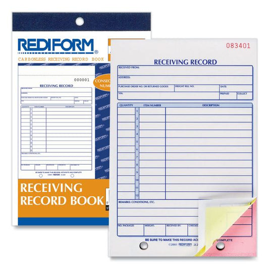 Rediform Receiving Record Book, Three-Part Carbonless, 5.56 x 7.94, 50 Forms Total