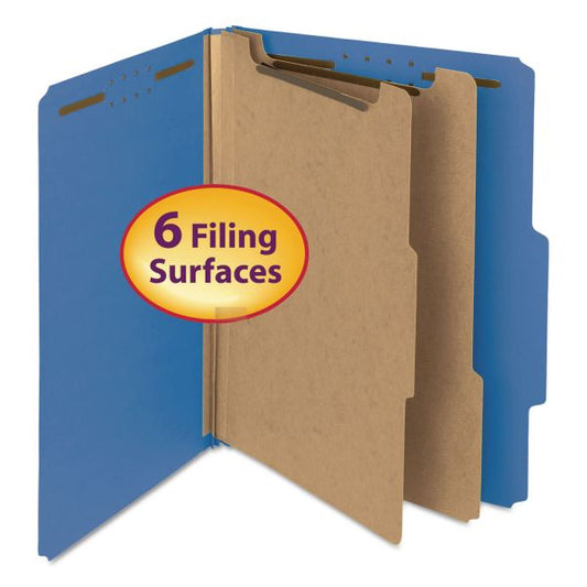 Smead Recycled Pressboard Classification Folders, 2" Expansion, 2 Dividers, 6 Fasteners, Letter Size, Dark Blue, 10/Box