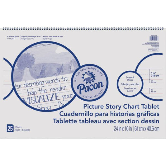 Pacon Ruled Picture Story Chart Tablet 25 Sheets - Spiral Bound - Both Side Ruling Surface - Ruled - 1.50" Ruled - 7" Picture Story Space - 24" x 16" - White Paper - Punched - Recycled - 1 Each