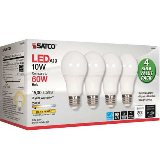 Satco 10W A19 LED 2700K Frosted Bulbs 10 W - 60 W Incandescent Equivalent Wattage - 120 V AC - 800 lm - A19 Size - Warm White Light Color - E26 Base - 15000 Hour - 4400.3&deg;F (2426.8&deg;C) Color Temperature - 93 CRI - 220&deg; Beam Angle - 4 / Pack