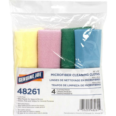 Genuine Joe Cleaning Cloths 16" x 16" - MicroFiber - Assorted - 4/ Pack