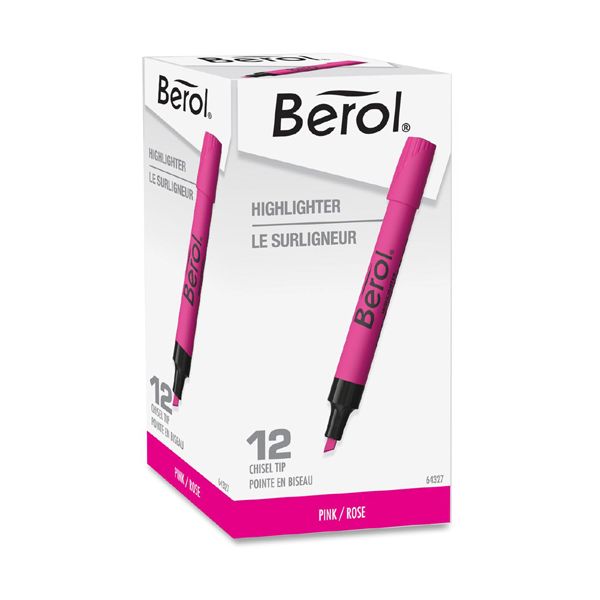 Berol 4009 Chisel Tip Highlighter, Pink Ink, Chisel Tip, Pink/Black Barrel, Dozen