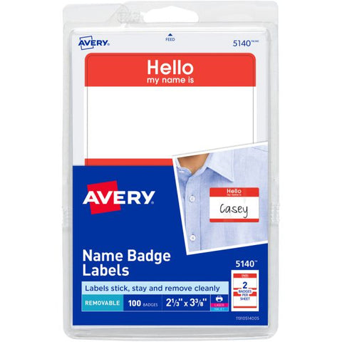 Avery "Hello my name is" Adhesive Name Tags 2 11/32" x 3 3/8" - White/Red - 2 Labels/ Sheet - 100 Labels/ Pack - Compatible With Laser & Inkjet Printers