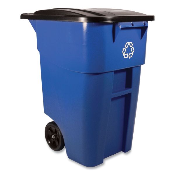 Rubbermaid Commercial Square Brute Recycling Rollout Container, 50 gal, Plastic, Blue