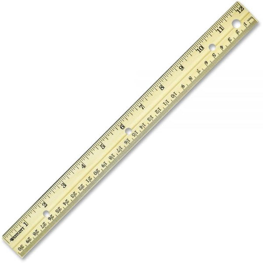 Westcott Three-Hole Punched Wood Ruler English and Metric With Metal Edge, 12" Long