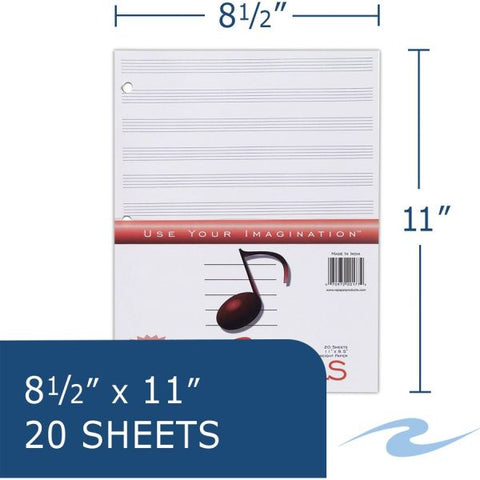 Music Filler 8.5"x11" 12 Stave Roaring Spring Music Filler Paper, Case of 24 packs, 12 Staves of Music Lines, 11" x 8.5", 20 Sheets Per Pack, Heavyweight Smooth White Paper, 3 Hole Punched