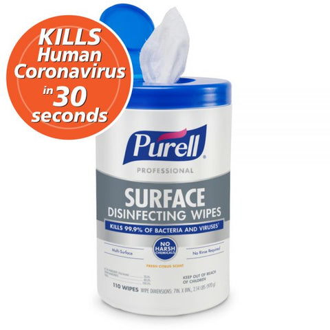 PURELL Professional Surface Disinfecting Wipes, Citrus Scent, 110 Count Canister, 7"x 8" Wipes, Pack of 6 Canisters