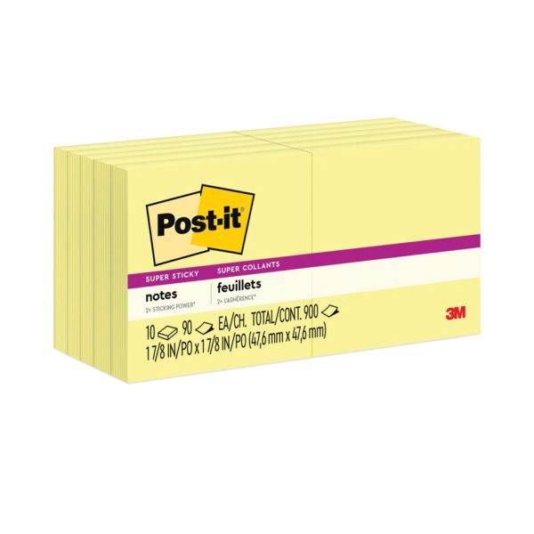 Post-it Notes Super Sticky Pads in Canary Yellow, 1.88" x 1.88", 90 Sheets/Pad, 10 Pads/Pack