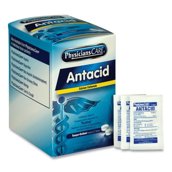 PhysiciansCare Antacid Calcium Carbonate Medication, Two-Pack, 50 Packs/Box