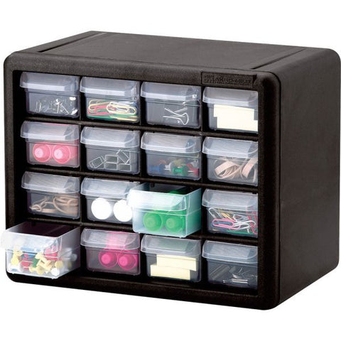 Akro-Mils 16-Drawer Plastic Storage Cabinet Wall Mountable - 8.5" Height x 6.4" Width x 10.5" Length - 16 Drawer(s) - Plastic - Black, Clear