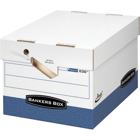 Bankers Box Presto Heavy-Duty Storage Boxes With Locking Lift-Off Lids And Built-In Handles, Letter/Legal Size, 15" x 12" x 10", 60% Recycled, White/Blue, Case Of 4