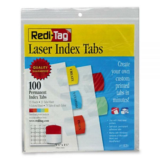 Redi-Tag Laser Printable Index Tabs, 1/5-Cut, Assorted Colors, 1.13" Wide, 100/Pack