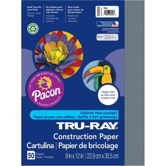 Tru-Ray Construction Paper 9" x 12" - Slate - 76 lb Paper Weight - 50 Sheets/ Pack